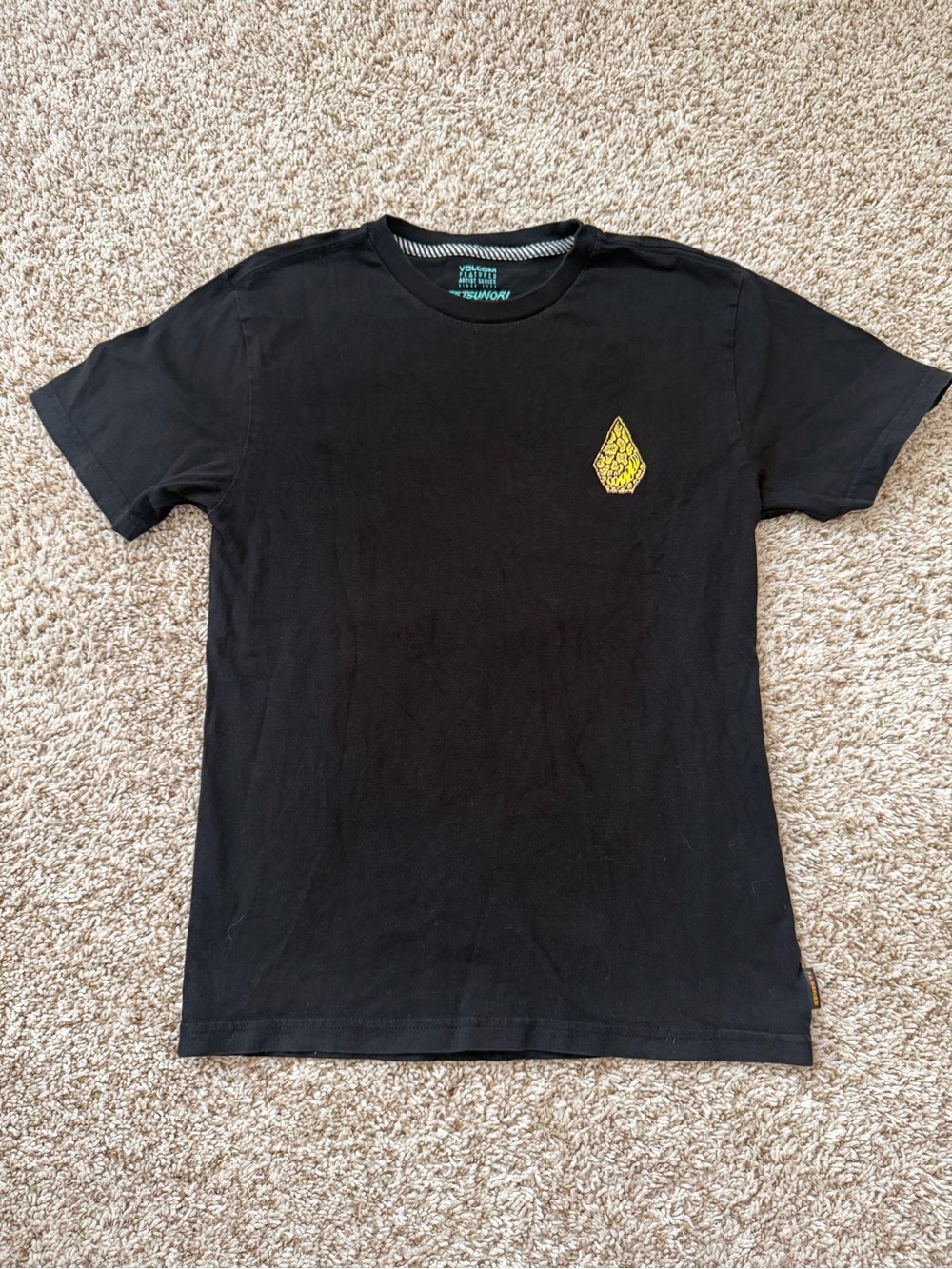 Volcom Black Short Sleeve Tee with Yellow Chest Emblem
